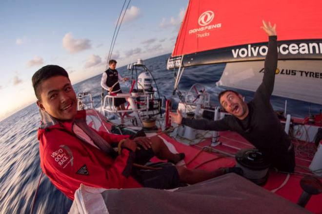 Onboard Dongfeng Race Team – Liu Xue 'Black' and Eric Peron's morning salute - Leg six to Newport – Volvo Ocean Race 2015 ©  Sam Greenfield / Volvo Ocean Race